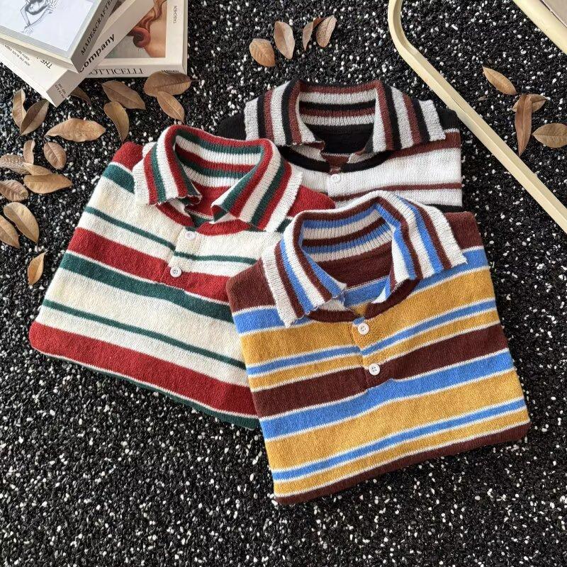 MNO.9 Sweater 986 เสื้อไหมพรมpolo เสื้อถักผู้ชาย เสื้อแขนยาวคอปก สีรุ้ง ลายทาง เสื้อกันหนาวแขนยาว