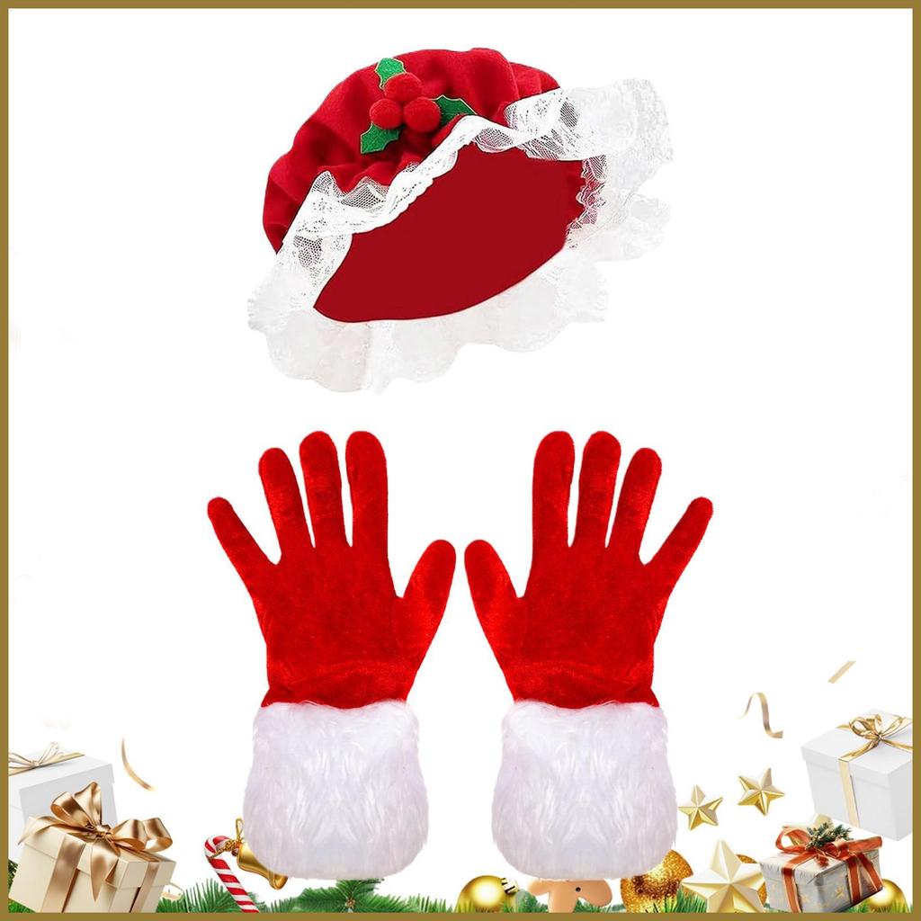 Mrs Claus ถุงมือและหมวกคริสต์มาสสาวคอสเพลย์เครื่องแต่งกายอุปกรณ์เสริม Mrs Claus บทบาทเล่นถุงมือและหม