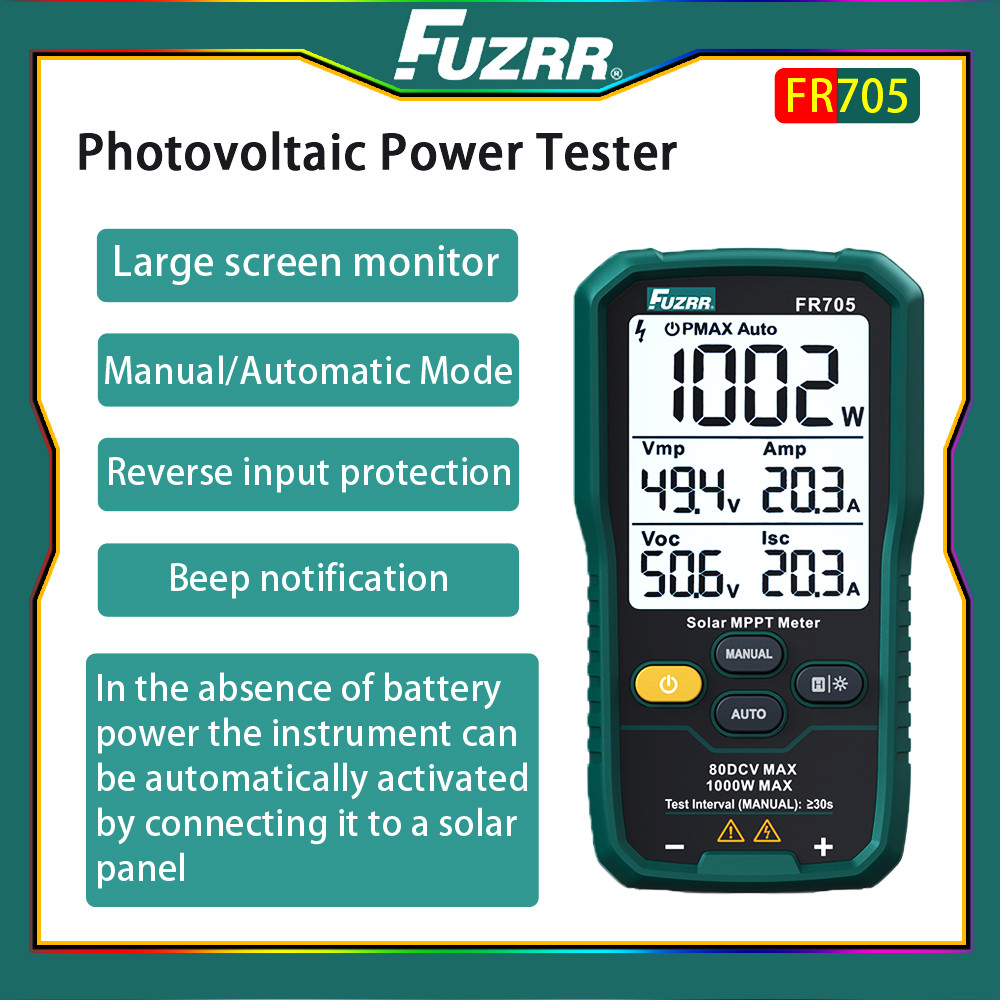 FUZRR FR705E 2000W เครื่องทดสอบแผงโซลาร์เซลล์ MPPT Power Meter Reverse Protection Auto Power Solar System Maintenance Solar Power Analyzer