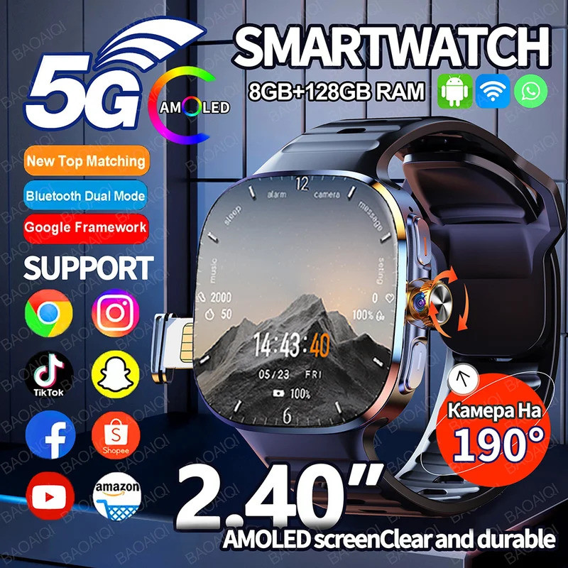 5G/4G Full เครือข่ายสมาร์ทนาฬิกา 2.40 นิ้วหน้าจอขนาดใหญ่ HD Video Call 8GB + 128GB RAM 2100mAh Googl