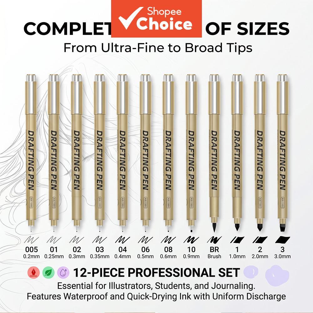 Fine Tip เข็มวาด Marker ชุดสีดํา Outline Sketch อะนิเมะภาพประกอบ Art Paint Markers ปากกากันน้ํา 12 ชิ้น