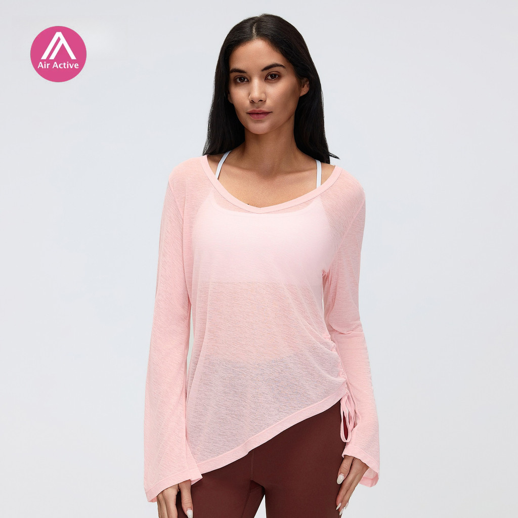 AirActive กีฬา V คอ Drawstring เอวหลวมแขนยาว T เสื้อลําลองออกกําลังกายโยคะ Activewear สําหรับ Gym
