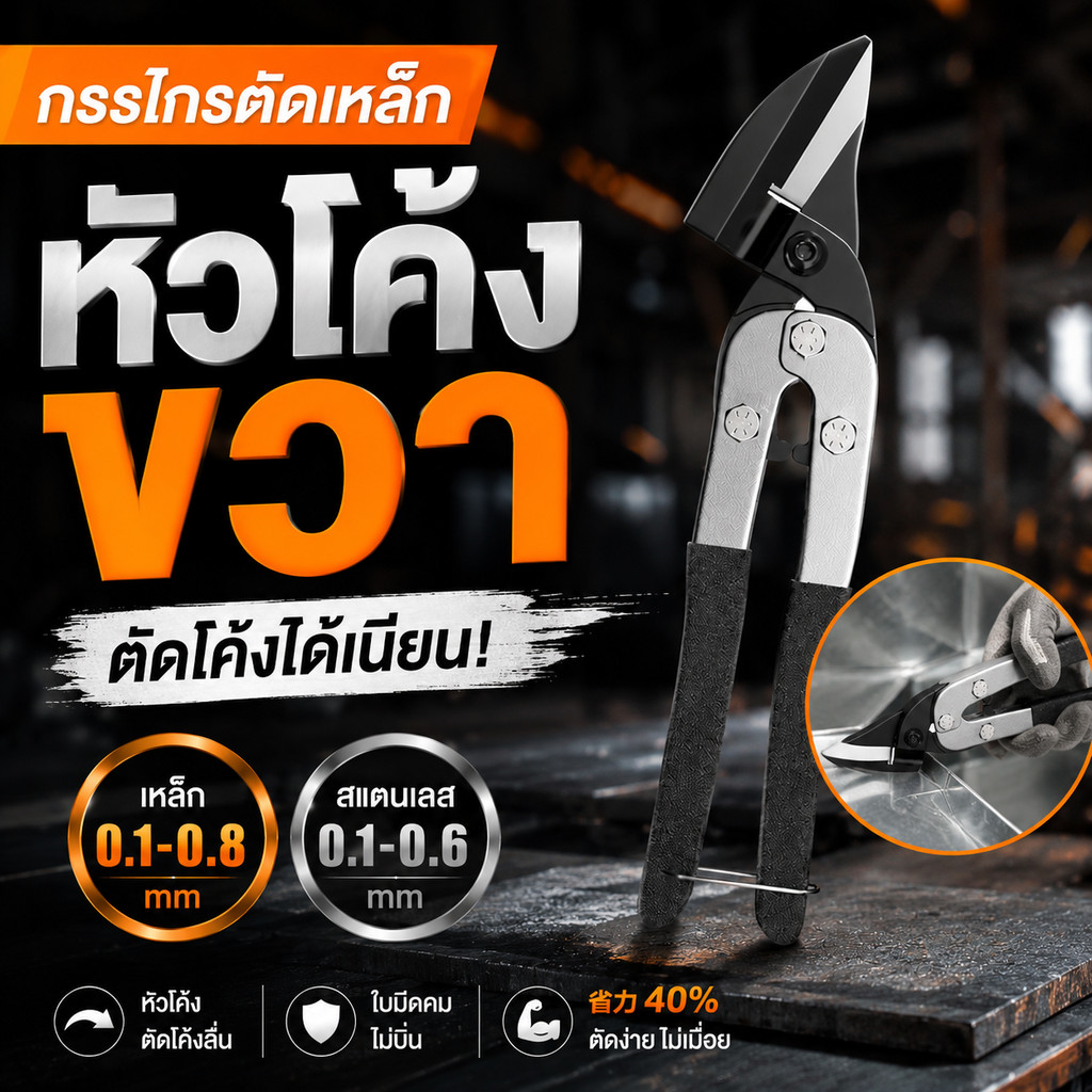 กรรไกรตัดเหล็ก หัวโค้งขวา กรรไกรตัดสังกะสี ตัดแผ่นเหล็ก ตัดสแตนเลส ใบมีดคมพิเศษ ประหยัดแรง 40% งานช่าง งานฝ้า DIY COD