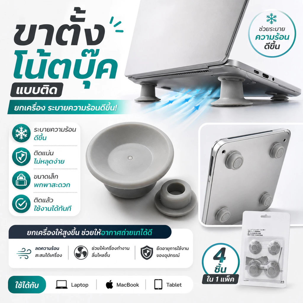 ขาตั้งโน้ตบุ๊คแบบแปะ ซิลิโคนยกเครื่อง ปรับระดับ ระบายความร้อน กันลื่น สำหรับ Laptop Notebook