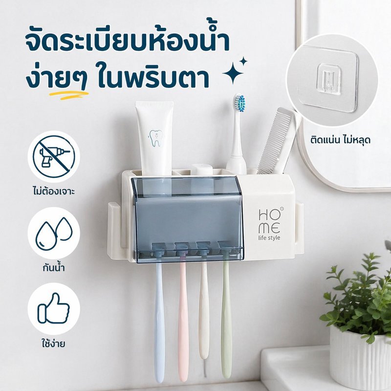 ที่ใส่แปรงสีฟันติดผนัง ไม่ต้องเจาะ ใส่ได้ 5 ด้าม มีฝาปิดกันฝุ่น