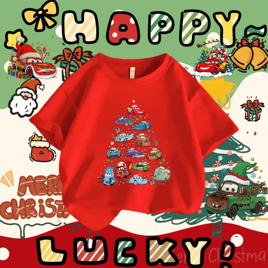 เสื้อยืดรถคริสต์มาส ชุดคู่ Lightning McQueen และ Mater ธีมคริสต์มาส McQueen 100-5XL 12