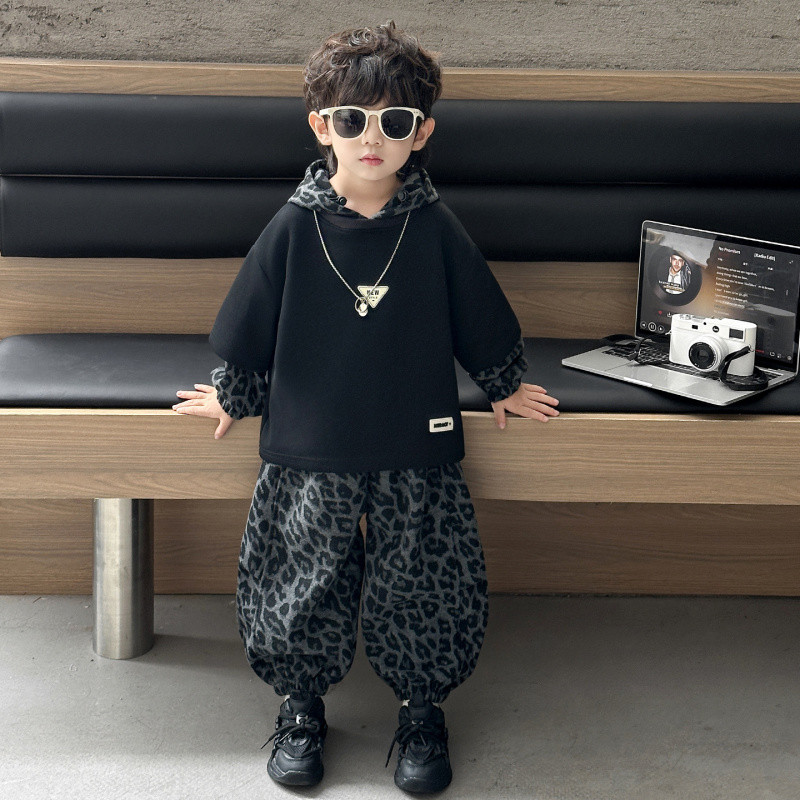 Cool Kids Leopard Print Two Piece Set Boy Fashion Pants and Top Combo for Casual Daily Wear E5P7