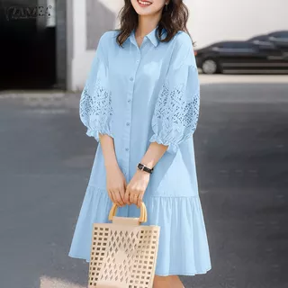 ZANZEA ชิลด์เดรสผู้หญิงสไตล์เกาหลี Gentle Chic กับดีไซน์คอหักระบายแบบ A-line และแขนยาว 3/4 มีรายละเอียดงานปักลายรูฟเฟิลและเนื้อลูกไม้เปิดระบาย