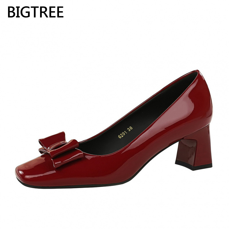 [5 ซม.] BIGTREE รองเท้าส้นสูงผู้หญิงหนา 6291-H89 Square Toe ปากตื้นสิทธิบัตรหนังสบายรองเท้าผู้หญิง