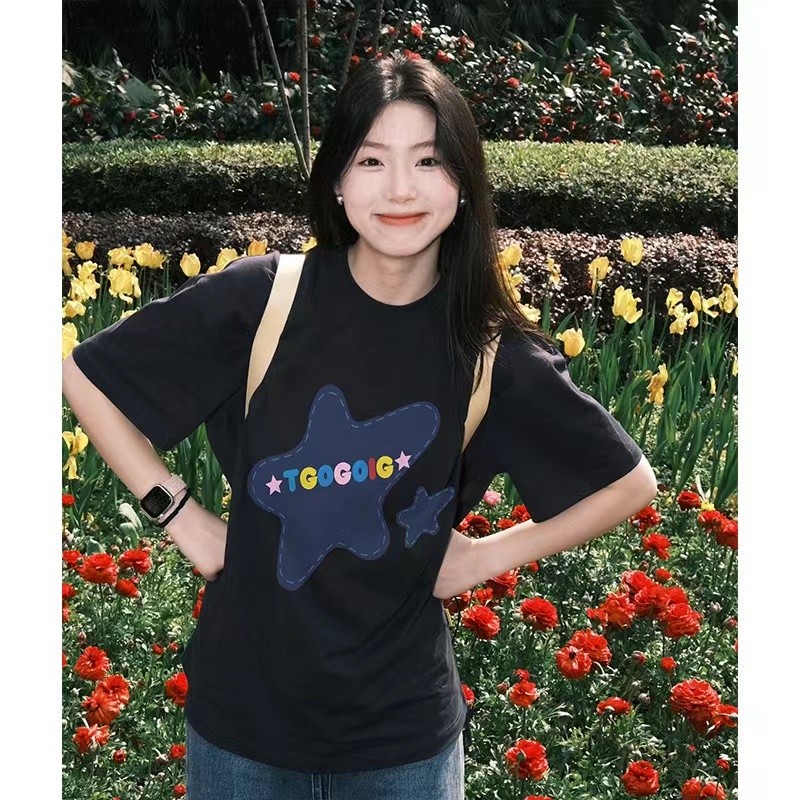 3788738ปลาค็อด ภาพอย่างเป็นทางการ 200ก ร้อนขายฤดูร้อนสไตล์ใหม่ผ้าฝ้ายแท้หลวมสนุกพิมพ์รอบคอขนาดใหญ่เส