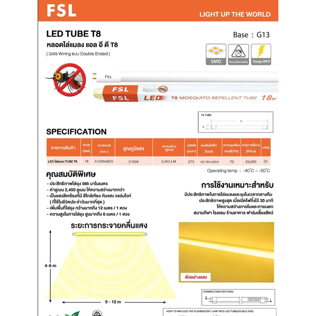 FSL หลอด FSL LED Tube T8 ไล่แมลง 18W รุ่น FSL-MOS-T8-18W 1200CM ใช้แทนหลอดยาวปกติได้เลย