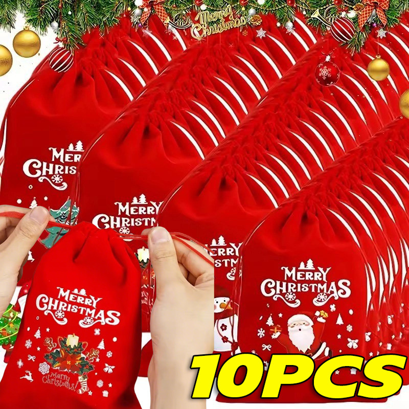 3/5/10 ชิ้น XS/S/M/L ถุงขนมขนมแบบใช้ซ้ําได้-สีแดง Hristmas Drawstring Pouches Party Decor Supplies