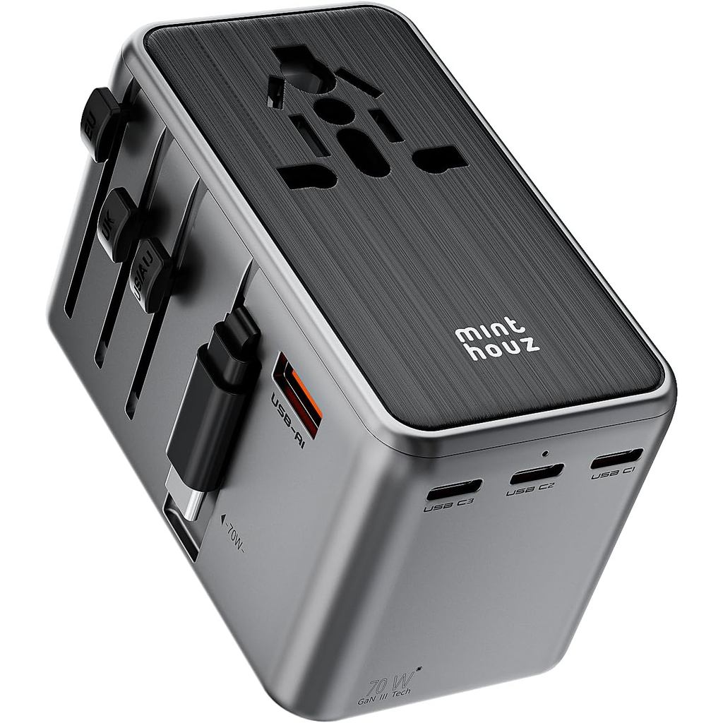 Minthouz Universal Travel Adapter, International 70W Power Adapter GaN Fast Charger 3 USB-C PD, 1 US