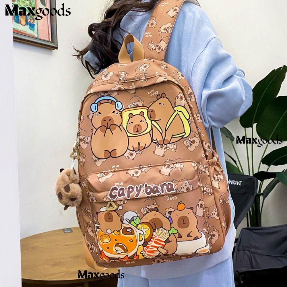 MAXGOODS5R กระเป๋าเป้สะพายหลัง Capybara กระเป๋านักเรียนนักเรียนน้ําหนักเบาพิเศษระบายอากาศได้กระเป๋าหนังสือการ์ตูนไนลอนความจุขนาดใหญ่