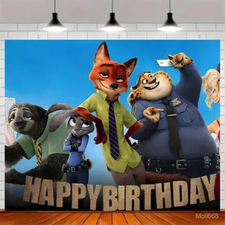 ฉากหลังผ้าสำหรับงานปาร์ตี้วันเกิดเด็กธีม Zootopia ตัวละคร Judy และ Nick ของขวัญธีมงานปาร์ตี้ ฉากหลังปรับแต่งได้