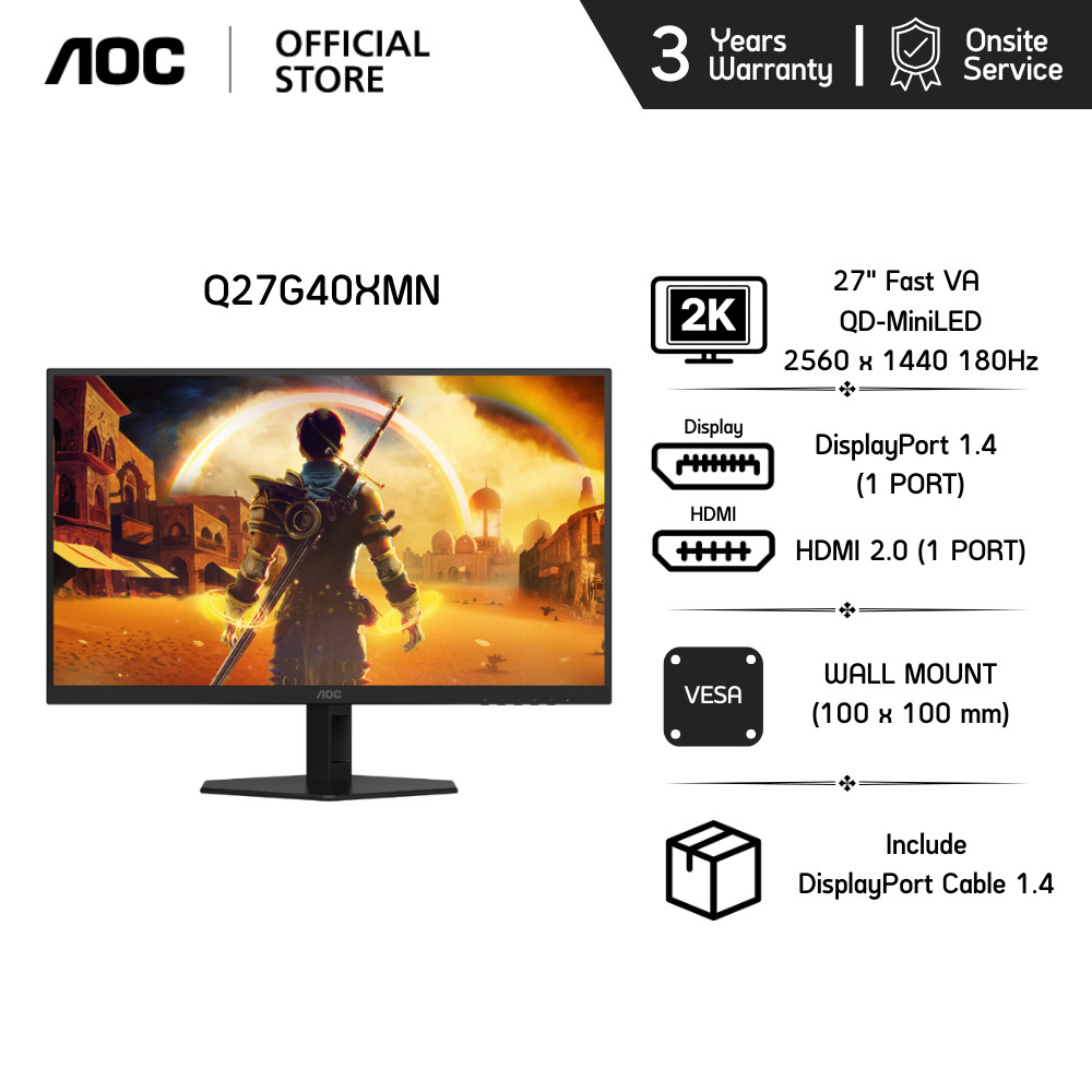 AOC Q27G40XMN/67 GAMING MONITOR (เกมมิ่งมอนิเตอร์) 27" FAST VA QD-MiniLED 2K 180Hz