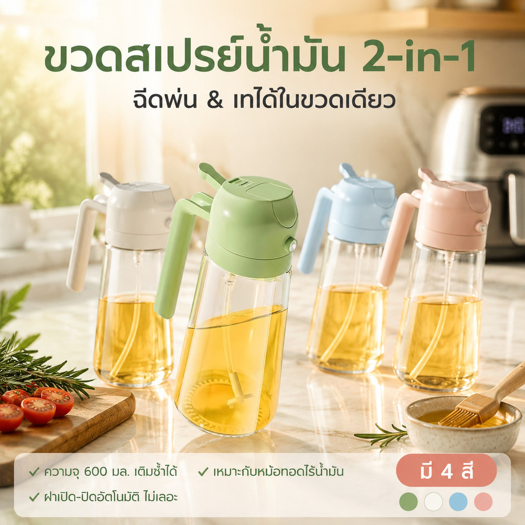 ขวดสเปรย์น้ำมัน 2-in-1 ขวดแก้วสเปรย์น้ำมันมะกอก 600 มล เติมได้ ฝาเปิดปิดอัตโนมัติ ใช้ทำอาหาร หม้อทอดไร้น้ำมัน มี 4 สี