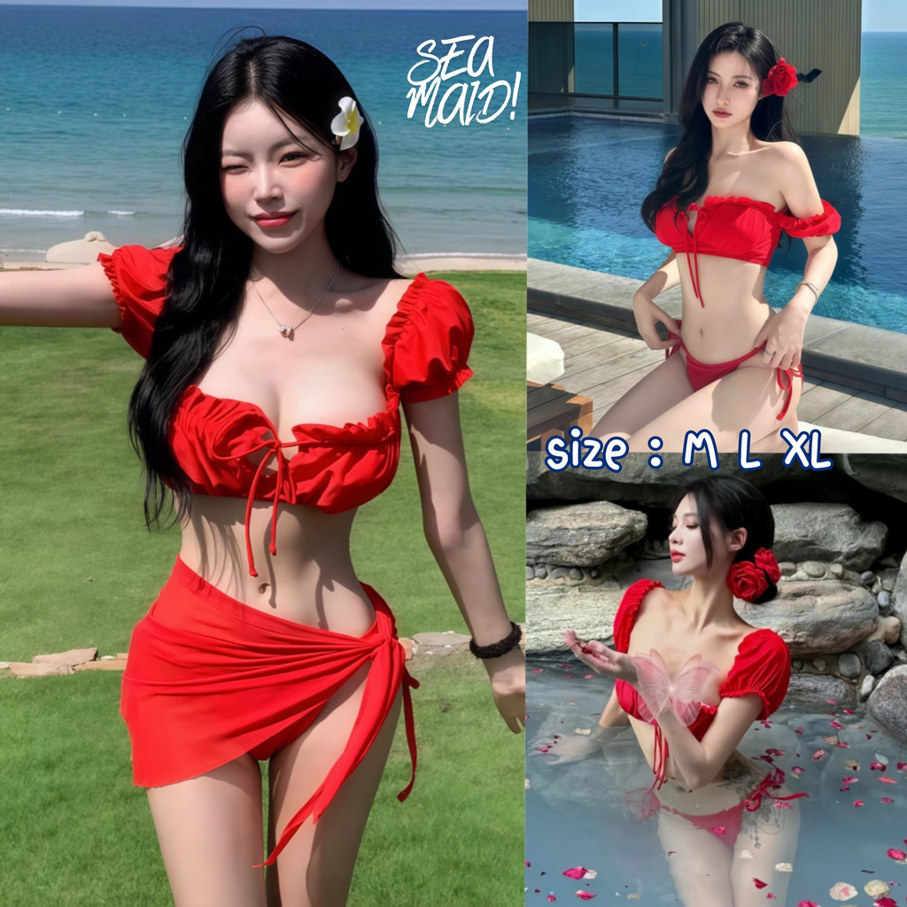 SEA MAID ชุดว่ายน้ำเกาะอก ชุดเซ็ท3ชิ้น เสื้อแขนตุ๊กตา มีไซส์ M-XL | น้ำหนัก 40-65 กก. Y059