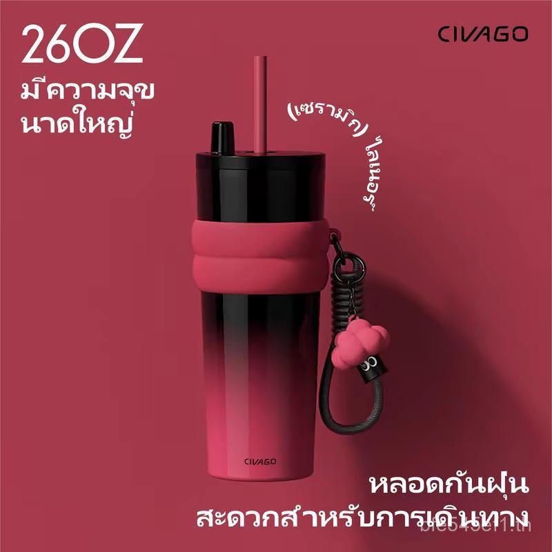 CIVAGO(26oz/780ml) แก้วกาแฟสแตนเลสเคลือบเซรามิกพร้อมฝาปิดกระติกน้ําสูญญากาศสามารถเก็บความร้อนและเย็น