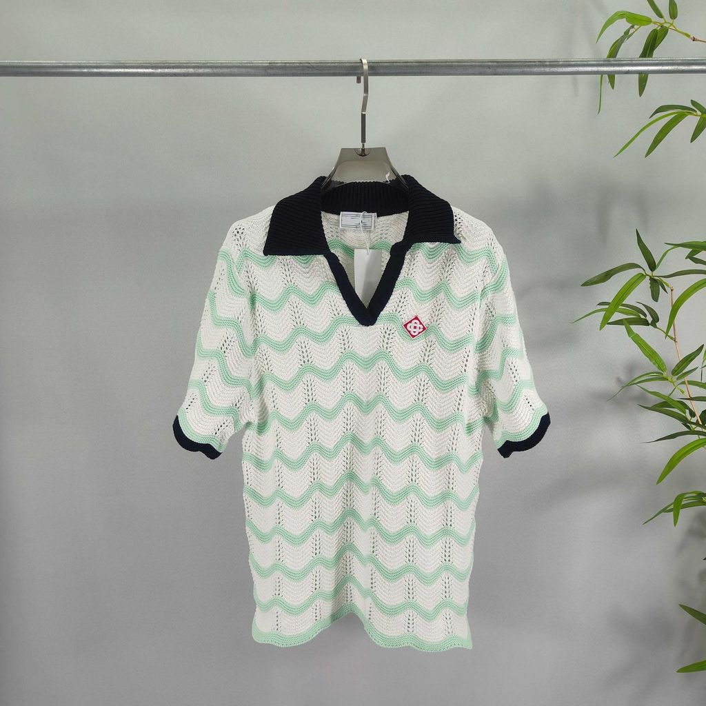 C4PK CASABLANC* New Men's and Women's Ribbed Knit Sweater with Hollow Design polo Short Sleeve Colla