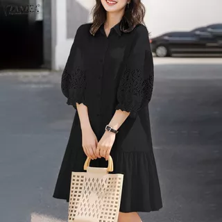 ZANZEA ชิลด์เดรสผู้หญิงสไตล์เกาหลี Gentle Chic กับดีไซน์คอหักระบายแบบ A-line และแขนยาว 3/4 มีรายละเอียดงานปักลายรูฟเฟิลและเนื้อลูกไม้เปิดระบาย