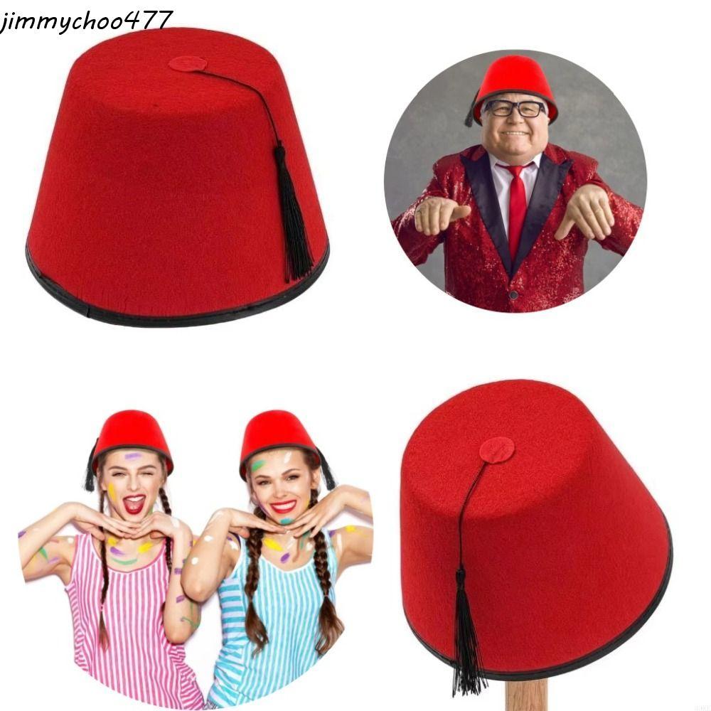 JIMMYCHOO Felt Fez Cap, หมวกโมร็อกโกทรงกลม หมวก Tarboosh Fez, Universal Breathable Ottoman Red Color