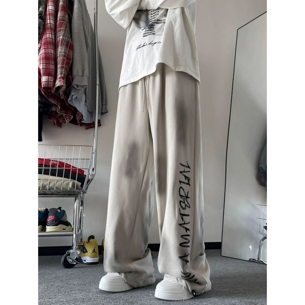 美式重磅运动阔腿卫裤男脏脏裤印花休闲裤子垂感抽绳束脚拖地长裤American Style Heavy Sports Wide Leg Pants Men's Dirty Pants Print2025