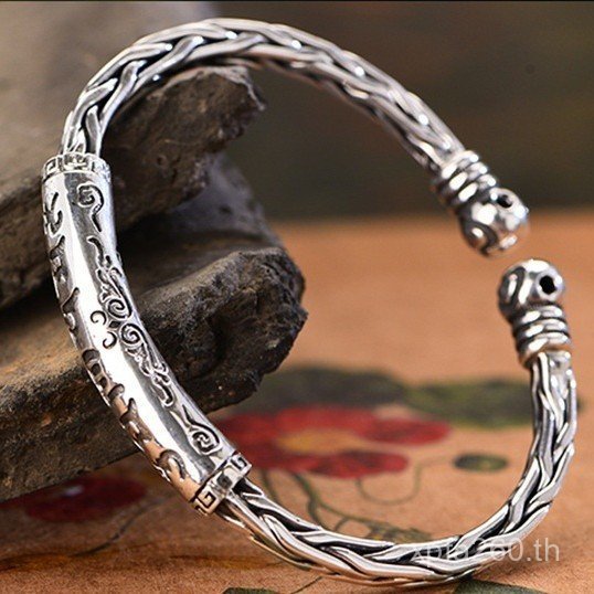 คู่ Retro เงินสเตอร์ลิง S999 ผู้ชายผู้หญิงสร้อยข้อมือ Twist สร้อยข้อมือเงิน Distressed คู่ลูกปัดหกตั