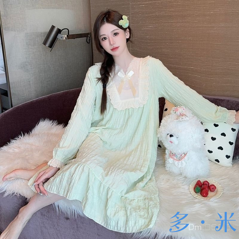 TT Home Cloud ชุดนอนผ้าฝ้ายผู้หญิงสไตล์เจ้าหญิงหวานแขนยาวความยาวกลาง Nightdress Plus ไขมัน 110 กก.สา