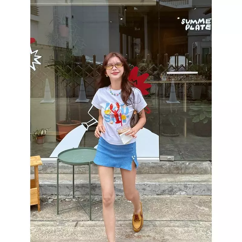เสื้อยืด baby tee ลายล็อบสเตอร์ เสื้อครอปแนวอเมริกันซัมเมอร์ คอตตอน 100% crop top น่ารัก