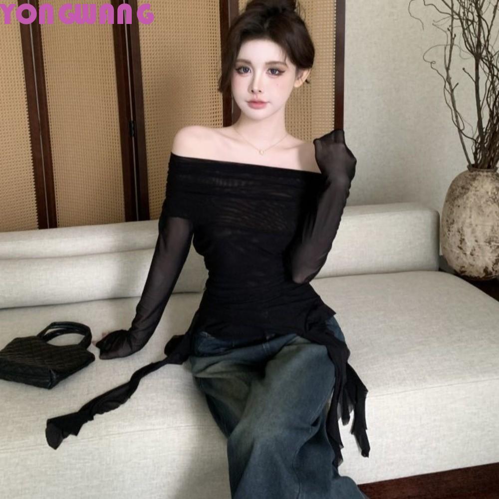 YONGWANG66HRแมงกะพรุนตาข่ายเข็มขัดเสื้อยืด,StreetwearเกาหลีY2K Ins Slim Fit Crop Tops, Elfแขนยาวปิดไ