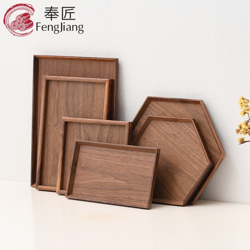 ถาดวอลนัทสีดําสี่เหลี่ยมจานบนโต๊ะอาหารผลไม้ขนมขบเคี้ยวโรงแรมสแควร์ถาดน้ําชาไม้จานอาหารค่ําถาดเก็บ QL