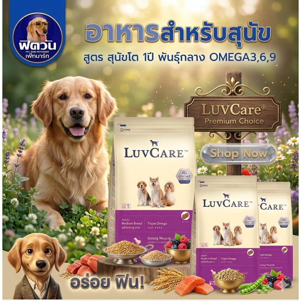 LuvCare อาหารสุนัขโตพันธุ์กลาง (สูตร Omega3,6,9) 9 กิโลกรัม{อาหารสุนัขเม็ด}