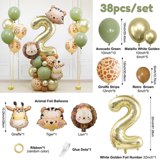 GeeParty ลูกโป่งตัวเลขฟอยล์สัตว์ 38 ชิ้น สิงโต ยีราฟ เสือ สำหรับงานเลี้ยงวันเกิดเด็กธีมซาฟารี