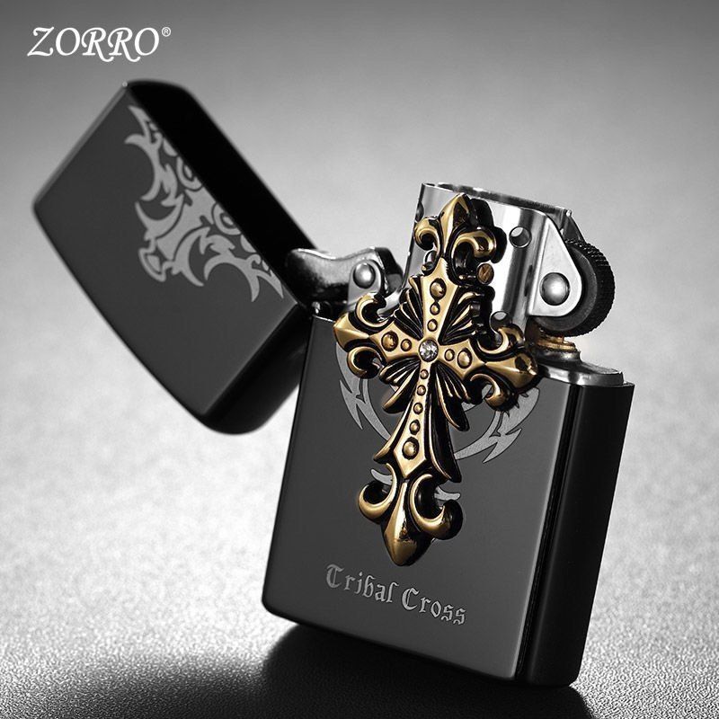 ไฟแช็กน้ำมัน ZORRO เงินโบราณ ลายกางเขนเทวดา กันลม