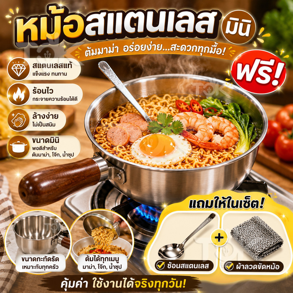 ส่งด่วน📢 (แถมช้อน ลวดขัดหม้อ ) หม้อสแตนเลสมินิ พร้อมด้าม หม้อต้มบะหมี่กึ่งสำเร็จรูป หม้อราเมน หม้อเกาหลี