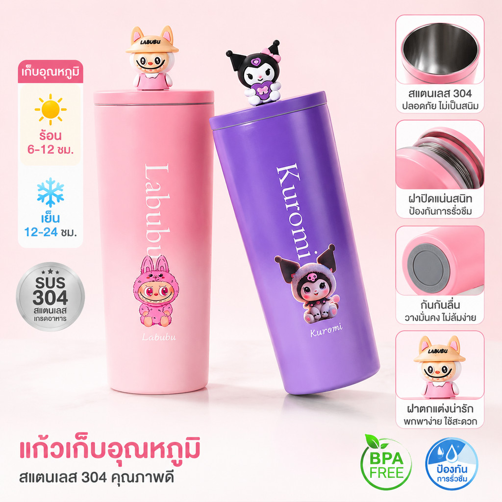 【มีสินค้าพร้อมส่ง】 แก้วเก็บความเย็นน่ารัก 710ml ลายตุ๊กตาการ์ตูน เก็บอุณหภูมิ ขนาดใหญ่ มีหลอด