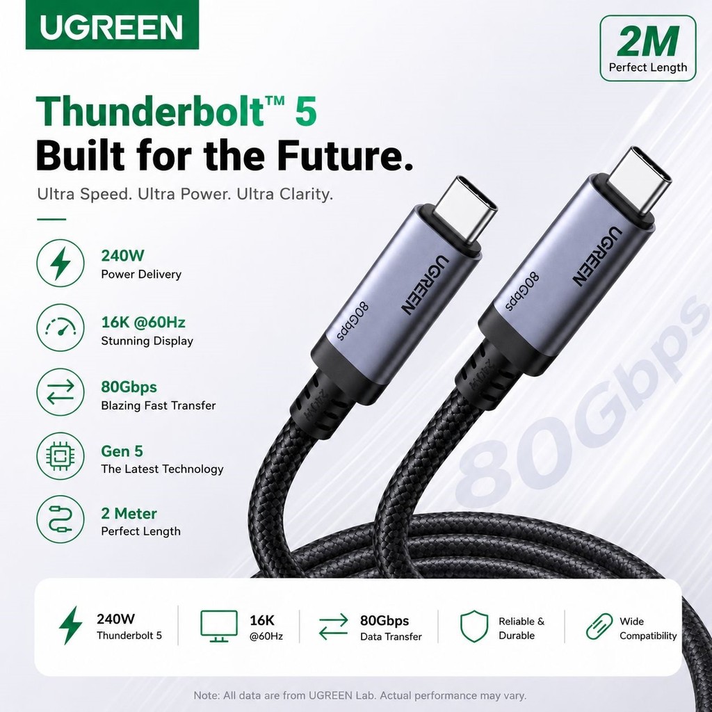 UGREEN 240W 80Gbps Thunderbolt 5 สาย 8K@60Hz 120Gbps สายชาร์จเร็ว E-Marker สาย USB C