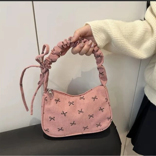 กระเป๋าผ้าลูกฟู ผูกโบว์ แฟชั่นมาใหม่ สำหรับผู้หญิง พร้อมส่งจากไทย