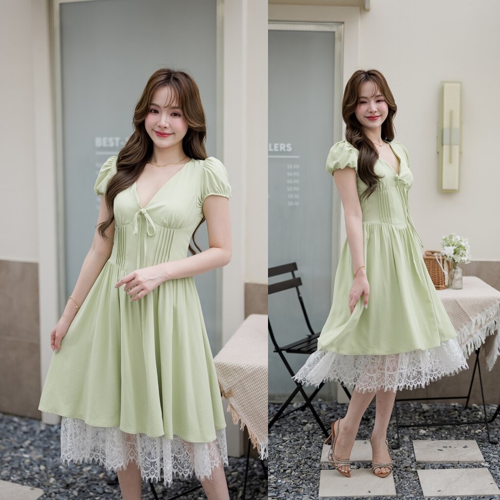 Priscilla Midi Dress : สีเขียว [Made by Pastel Time]