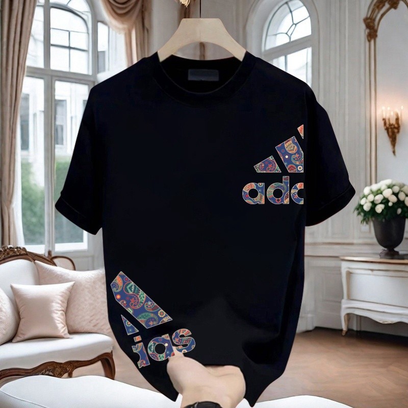 2026ฤดูร้อนแขนสั้นเสื้อยืดผู้ชายแสงหรูหราอ้วนหล่อขายดีพิมพ์รอบคอผ้าฝ้ายแท้หนักผู้ชายหลวมสบายๆด้านบนอ