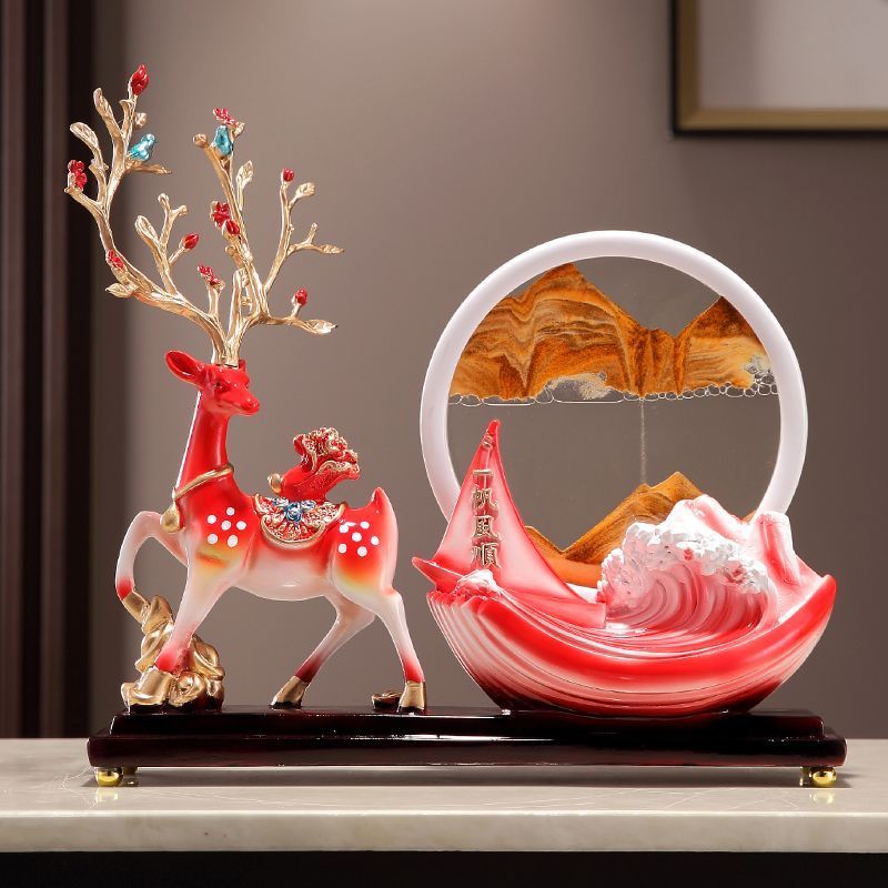 创意招财鹿风生水起沙漏流沙画摆轻奢高档客厅柜电视柜装饰品12.8Creative Fortune, Deer, Wind, Water, Hourglass, Quicksand, Paint, Li