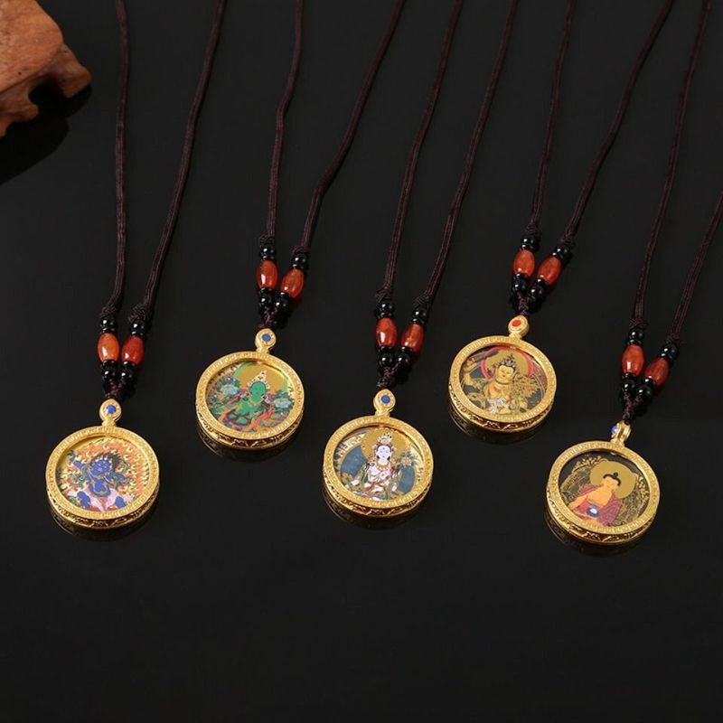 ทิเบต Tangka Gawu Box Gold Round Double-Sided Hand-Painted Amulet จี้สร้อยคอ
