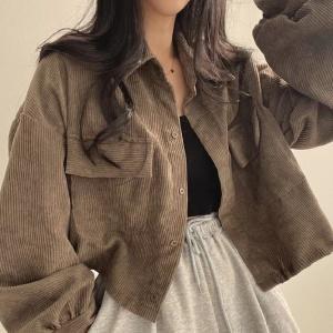 ohho#เสื้อเชิ้ตทำงานคอปกแขนยาวผู้หญิง แจ็คเก็ตผู้หญิง vintage ใส่ได้ทุกฤดูอบอุ่น 3 สี รุ่นw273