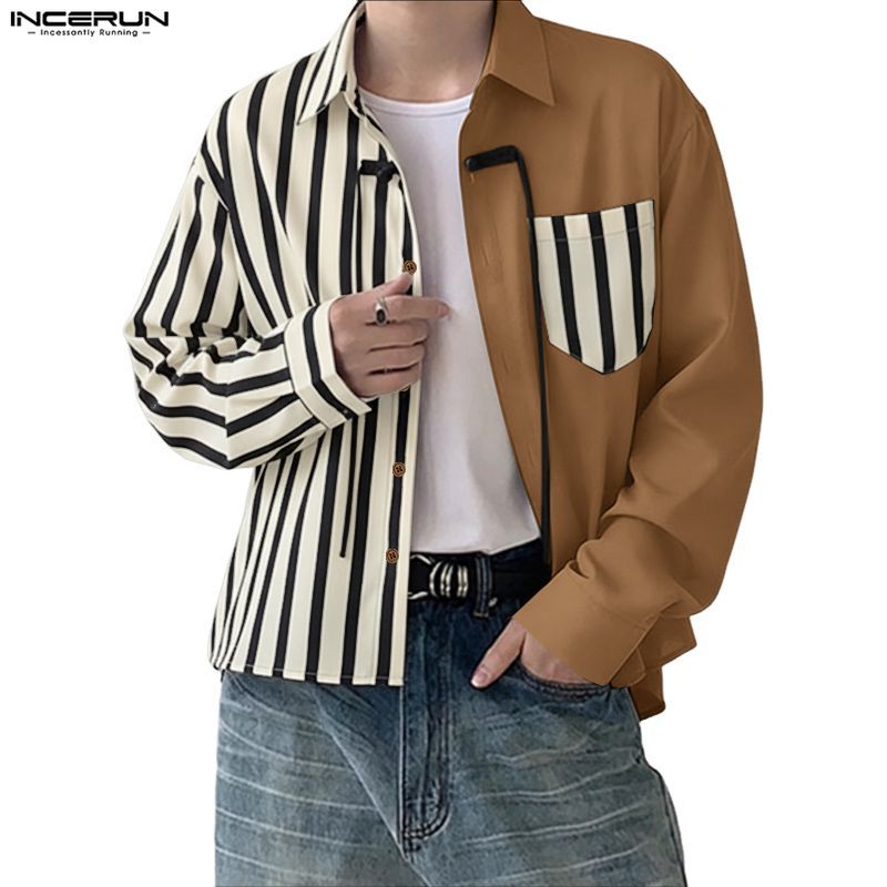 INCERUN ผู้ชายเกาหลีลําลองปกแขนยาวลาย Patchwork กบปุ่มออกแบบเสื้อ