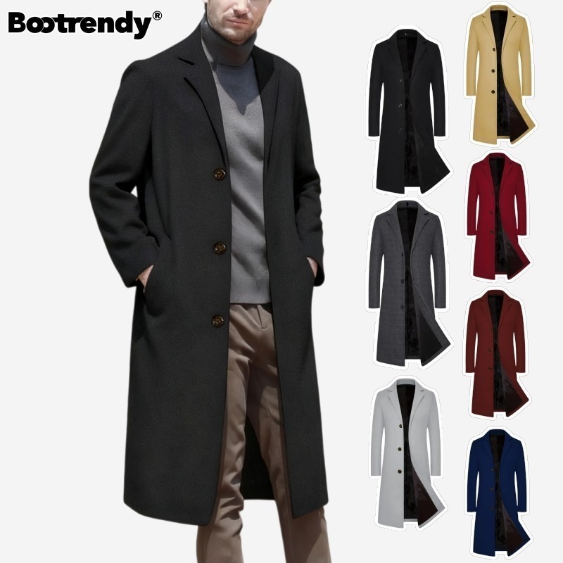 Bootrendy Mens Notch Lapel Winter Jacket Casual Business Long Woolry Jacket Single Breasted Trench Coat with Pockets