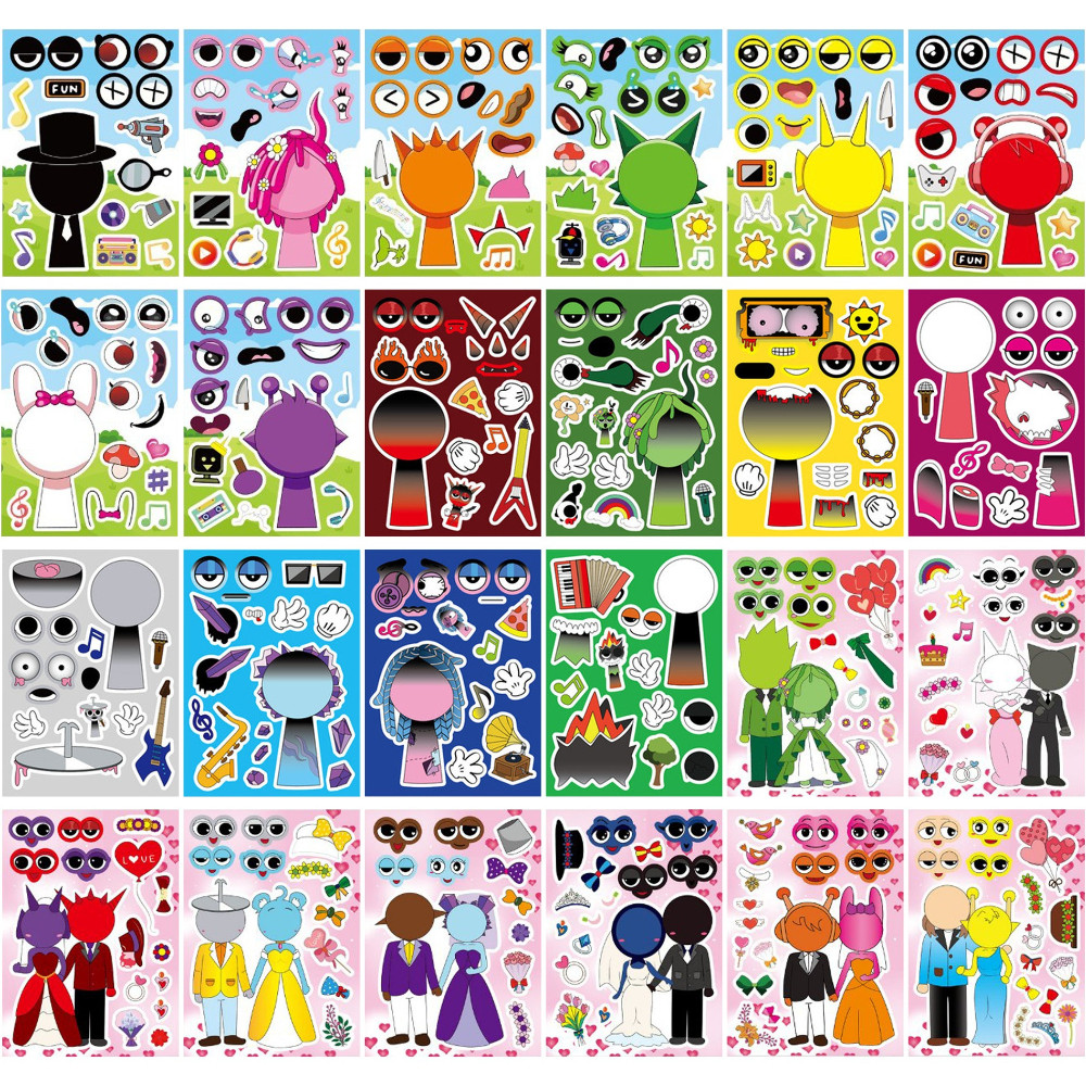 8PCS Incrediblebox Sprunki Regular / Corrupt / Wedding Edition ปริศนาสําหรับเด็ก DIY สติกเกอร์ Make Face
