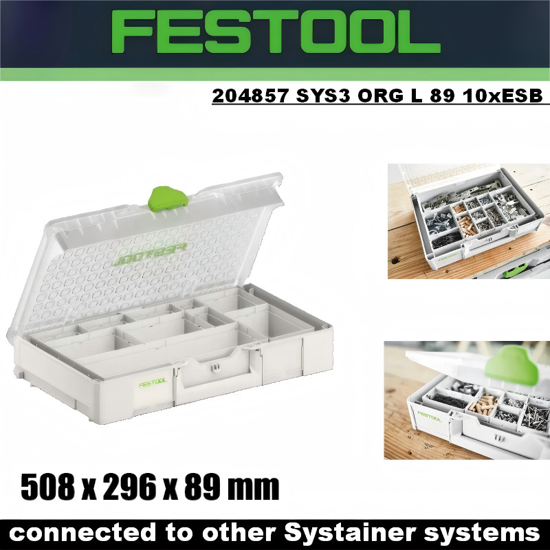 สตูล FESTOOL 204857 Systainer Organiser SYS3 ORG L 89 10xESB,508mm x 296mm x 89mm