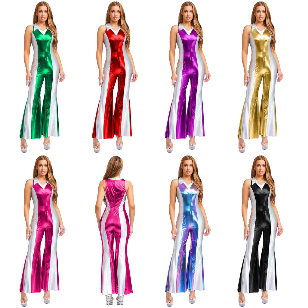 Yartina Womens 70s 80s Disco Prom Jumpsuit ชุดปก V คอแขนกุดโลหะเงา Contrast สี Flared กางเกงขายาว Ro