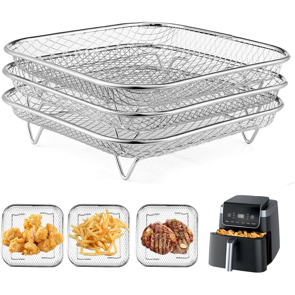 Square Air Fryer Rack ใช้งานร่วมกับ 6-8 QT Air Fryer,3pcs Stackable สแตนเลส Dehydrator Rack, Square 